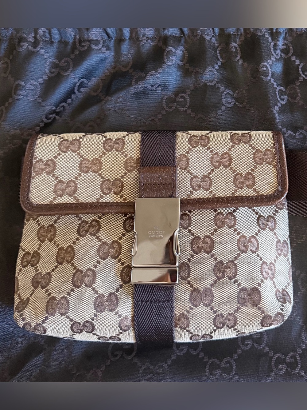 Gucci Beige & Brown GG Canvas Belt Bag with Silver Hardware